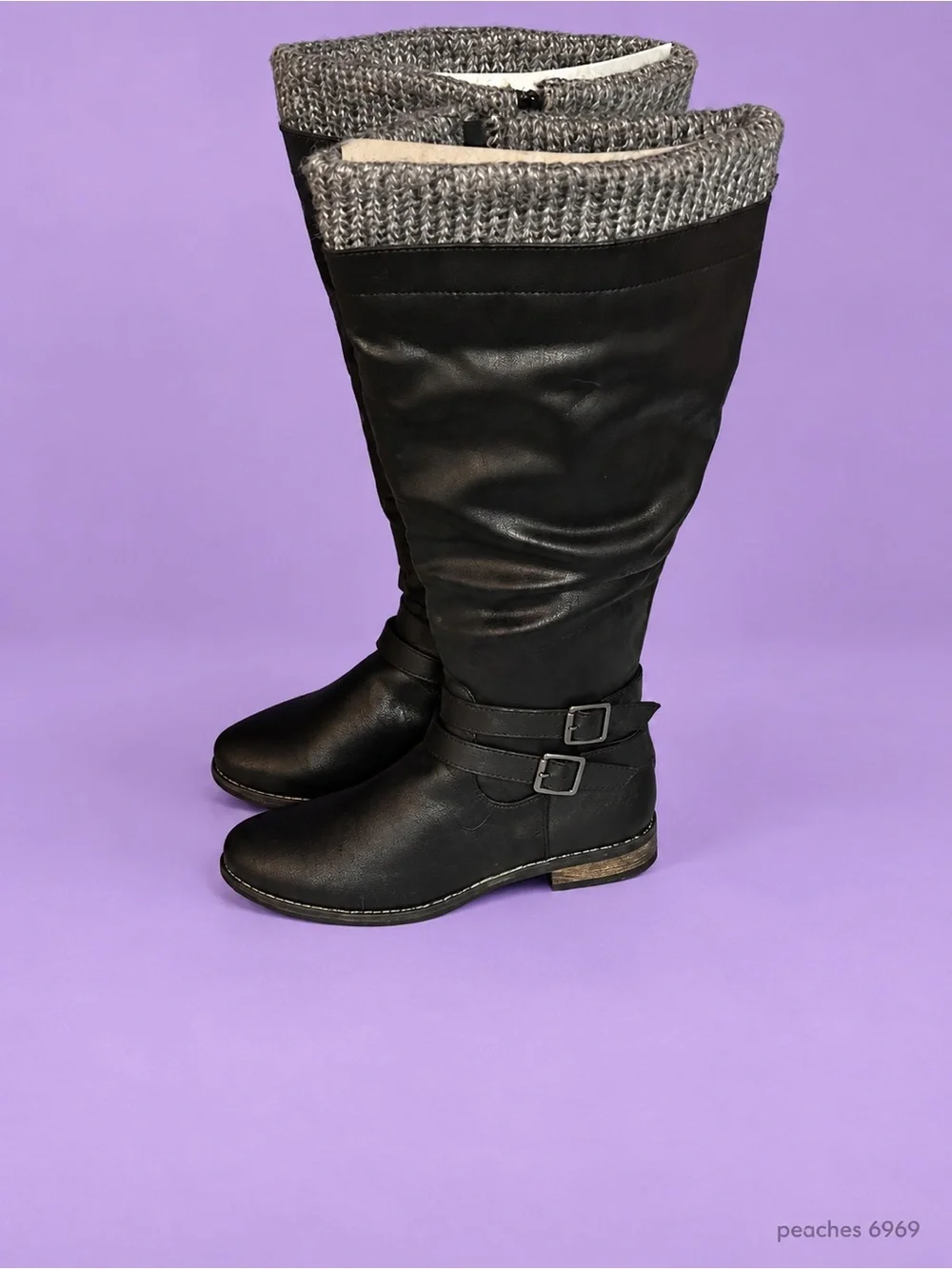 Gorgeous Wide calf Black Knee-high Boots with Gray Knit Cuff